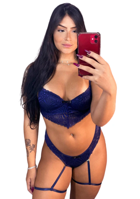 Conjunto Lingerie Rendado Bicolor Sensual com Liga Thaiene