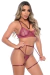 Conjunto Liga Sexy Strappy sem Bojo em renda cor vinho, com detalhes em fita, modelo sensual.