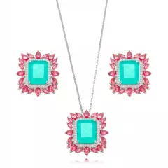 CONJUNTO QUADRADO PEDRAS TURMALINA E ROSA CRAVEJADO RÓDIO BRANCO na internet