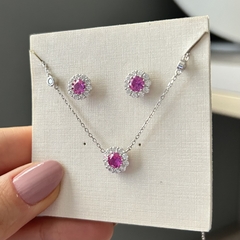 COLAR PRATA 925 REDONDO BORDA CRAVEJADA PEDRA CENTRAL\ PINK - loja online
