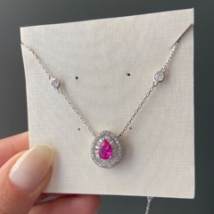 COLAR PRATA 925 DE GOTA COM NAVETES E GOTA SAFIRA PINK NO CENTRO