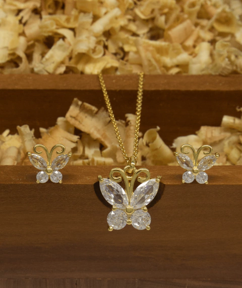 Kit Essencial – Colar e Brincos Borboleta Cristal com Banho de Ouro 18 - comprar online