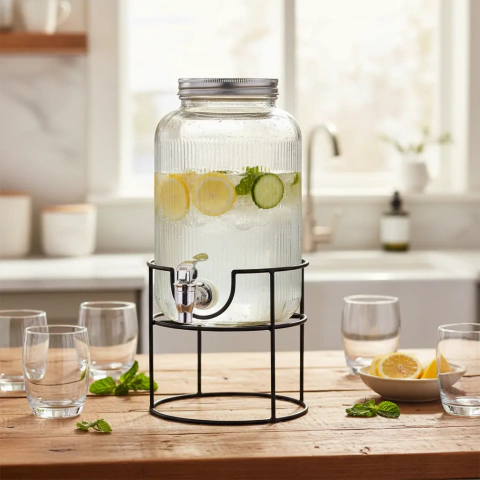 Frasco Dispenser de Vidrio con Canilla Base de Metal Bebidas 5,5L