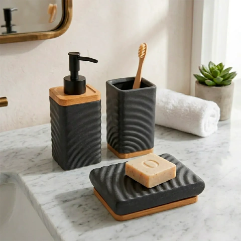 Set De Baño Dispenser Jabonera y Porta Cepillo de Cerámica