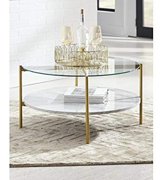 Mesa De Centro De Cristal Con Estante De Mármol Blanco.