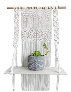 Estantería Colgante De Macramé Y Madera Color Blanco. - tienda online