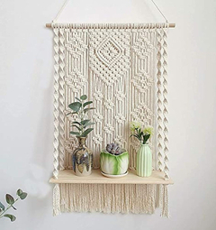 Estantería Flotante De Macramé Y Madera Color Beige.