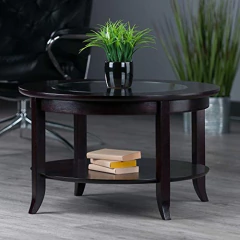 Mesa De Centro Redonda De Madera Negra Y Vidrio, 2 Niveles - tienda online