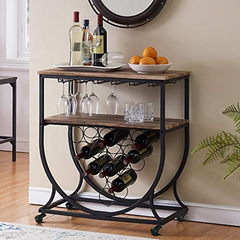 Mueble Para Vinos Móvil De Metal Y Madera Color Negro-marrón