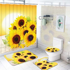 Juego De 4 Cortinas De Ducha De Girasoles Con Alfombra