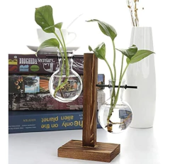 Jarrón De Cristal Transparente Con Soporte De Madera Retro - tienda online