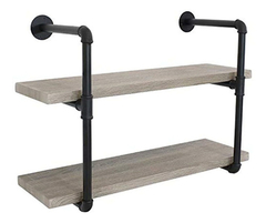 Estantería Flotante De Metal Negro Y Madera Gris 2 Niveles.