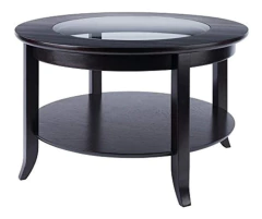Mesa De Centro Redonda De Madera Negra Y Vidrio, 2 Niveles