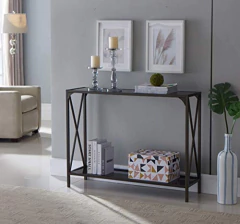 Mesa Auxiliar De Metal Marrón Y Cristal Negro De 2 Niveles.