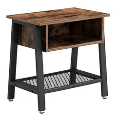 Mesa Auxiliar De Metal Negro Con Estante De Madera Marrón.