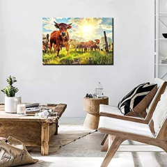 Lienzo De Vaca Para Pared,diseño De Gato En La Granja Sol - comprar online
