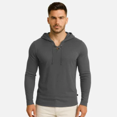 Camisa Gola V com Capuz e Cordinha Manga Longa - Moda Atemporal