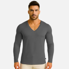 Camiseta Gola V Cavada Manga Longa - Moda Atemporal