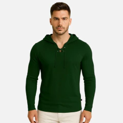 Camisa Gola V com Capuz e Cordinha Manga Longa