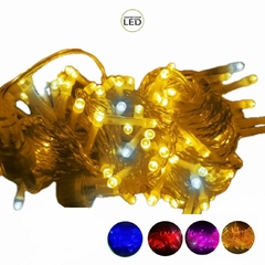 Cordão de pisca-pisca com 100 LEDs em cores variadas, incluindo amarelo e branco, ideal para decoração de Natal.