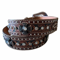 Cinto Pyramid Couro Raspa Balaiado Rebite Cruz Strass Marrom 6313.1 - comprar online