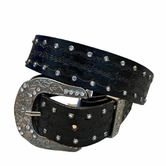 Cinto Couro Arame Entalhado Rebite Strass Preto 30.100