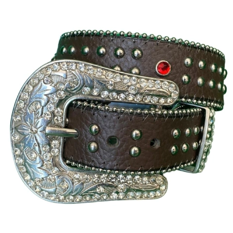 Cinto Couro Infantil Pyramid Strass Vermelho Ilhós Café 803.2