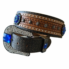 Cinto Pyramid Couro Strass Azul Mescla Marrom 7918
