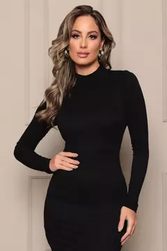 Vestido Justo Canelado Gola Alta Manga Longa na internet