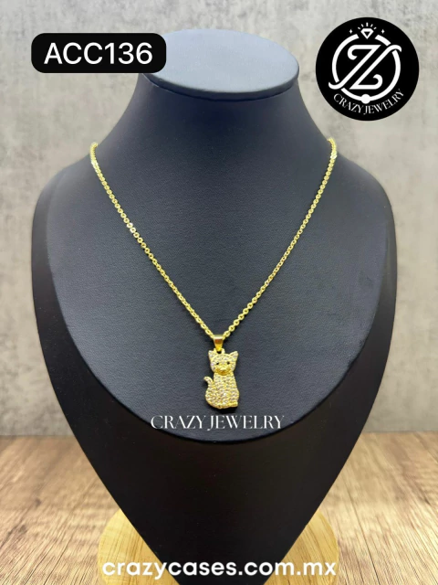 Gargantilla acero inoxidable dorada - Gatito dorado con zirconias y ojitos negros - comprar en línea