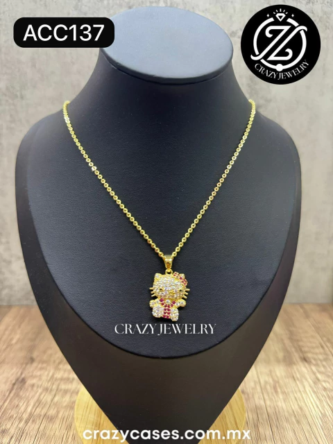 Gargantilla acero inoxidable dorada - Kitty con zirconias con moñito rosa - comprar en línea