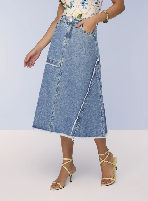 Saia Evasê Jeans Com Desfiados 28055 Titanium Jeans