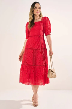 Vestido Vermelho Decote Quadrado Detalhes De Guipir Evasê Midi 303049 Fascinius