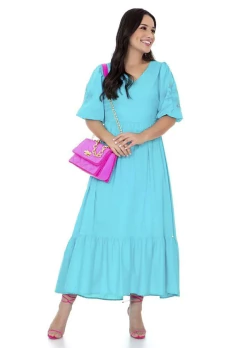 Vestido em Tricoline Manga Balone Bordada Azul Piscina 60813 Hapuk