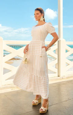 Vestido em Viscolinho Listrado Salmão Sérvia 1420 Valentina Sirrah