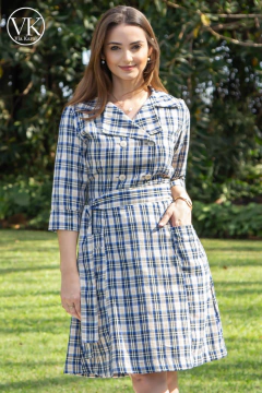 Vestido em Algodão Altamira Xadrez Azul 979 Valentina Sirrah