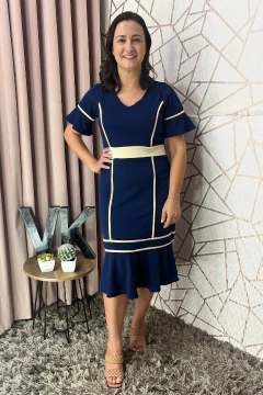 Vestido Justo com Babados em Malha Ana Ruga Azul Marinho VK