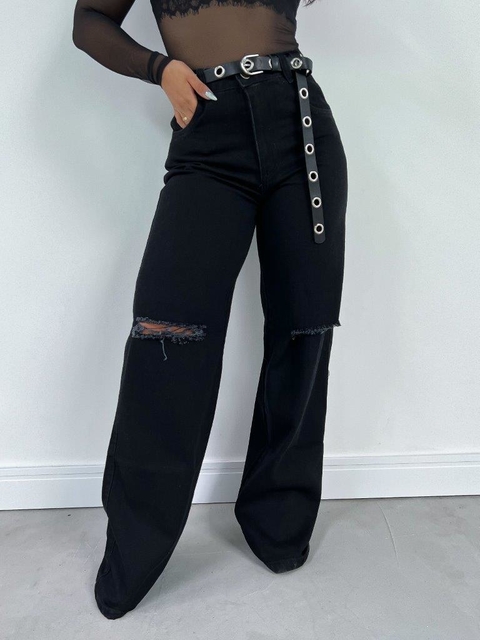 Calça Jeans Wide Leg Preta Rasgo Joelho