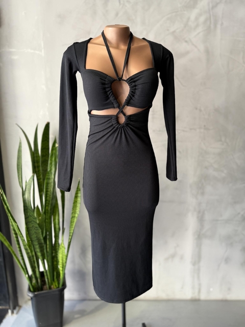 Vestido Midi Manga Longa Flanelado com Decote Amarracao - comprar online