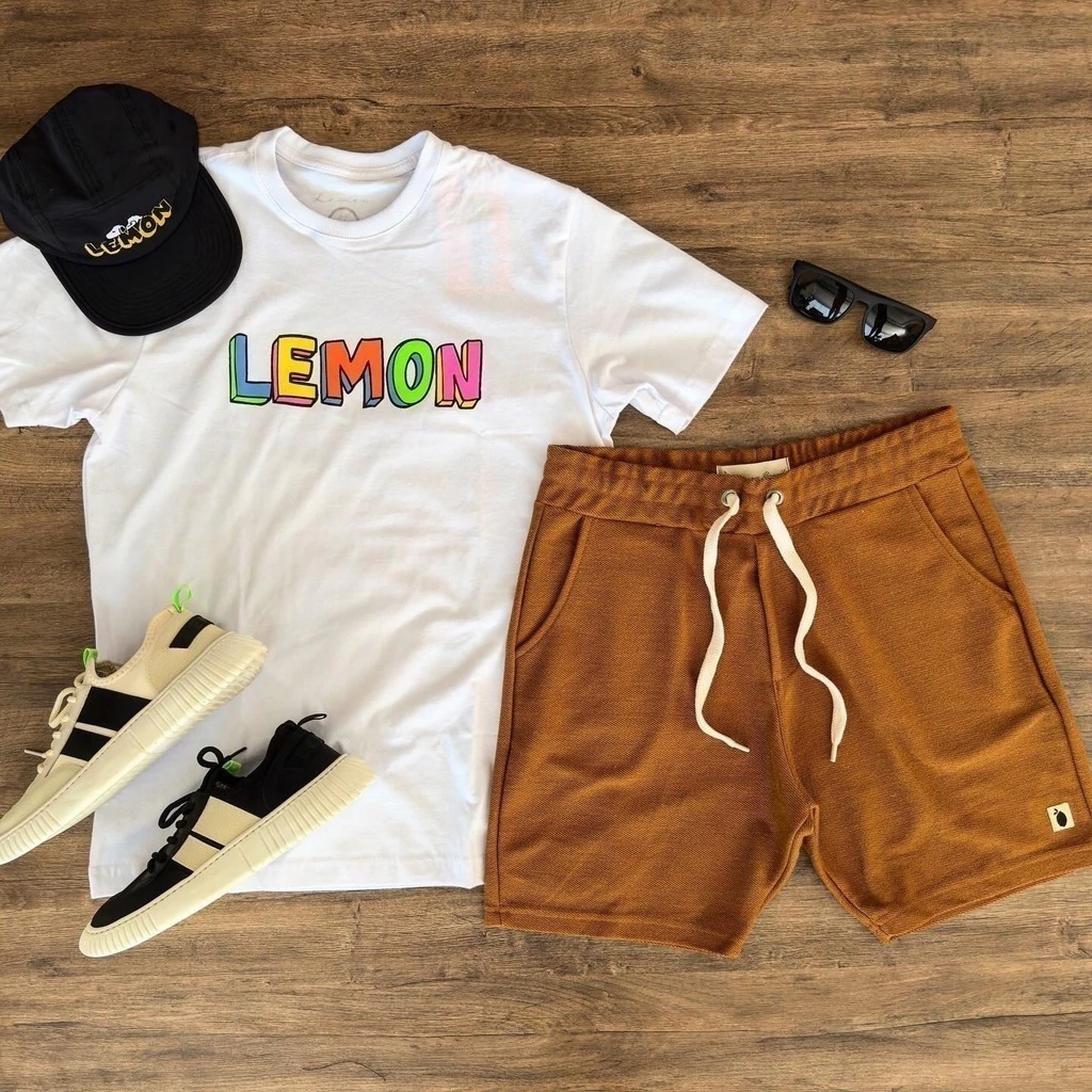 Bermuda de moletom com linho caramelo