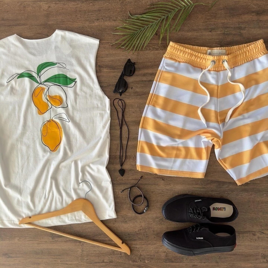 Bermuda de moletom listra média amarela