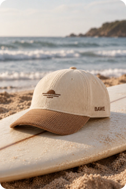 Gorra Uluwatu de corderoy color beige y marrón sobre tabla de surf en la playa