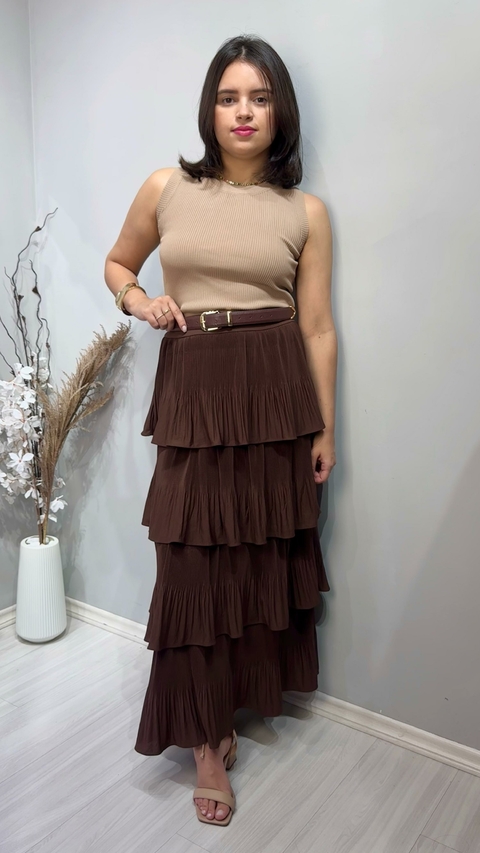 SAIA COM ELASTICO NA CINTURA E BABADO EM CAMADAS ESTILO MIDI BOHO CHIC SAMARA