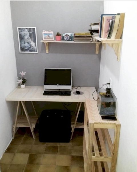 Kit Escritório - 02 Prateçeiras 1m x 20cm Natural + 1 Mesa Cavalete Natural 1.20m x 60cm + 1 Estante Multiuso Helane