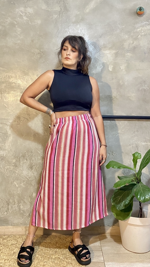 Saia Midi Linho Listrada Vermelho Rosa Degradê - comprar online