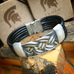 Pulseira Masculina de Couro e Prata Trançada