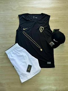 KIT REGATA -CORINTHIANS CP PRETA+BERMUDA NIKE BRANCA + BONÉ NIKE PRETO