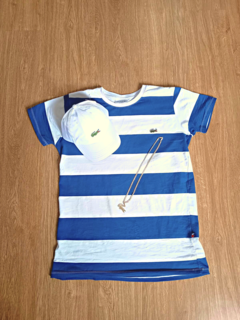 Kit Lacoste Listrada Azul e Branco+ Boné Lacoste Branco+ Corrente lacoste - comprar online