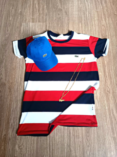 Kit Lacoste Listrada vermelho e Preto + Boné Lacoste Azul Claro+ Corrente lacoste