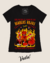 Blusinha preta com estampa colorida de temática halloween, mostrando um demônio, esqueletos e fogo, com a frase "Diablos Rojos".